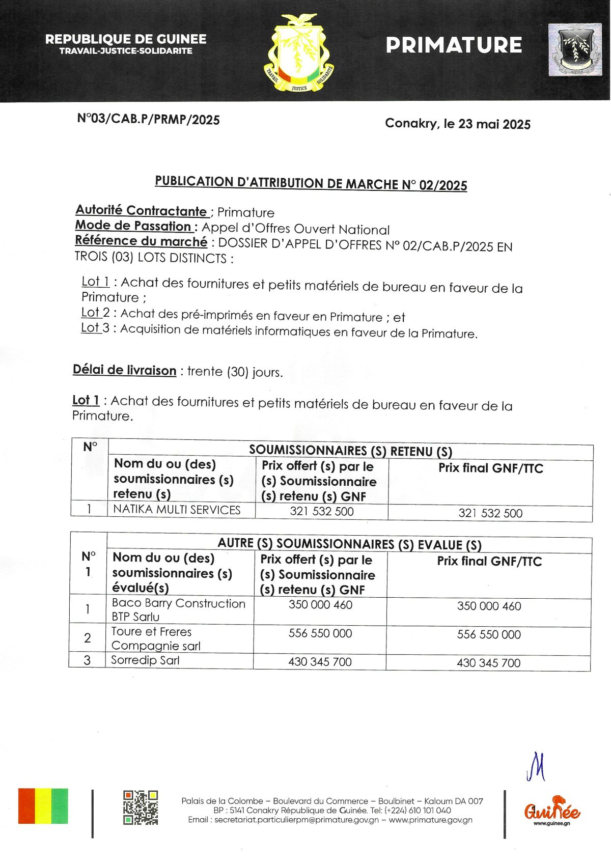 PUBLICATION D’ATTRIBUTION DE MARCHE N° 02/2025