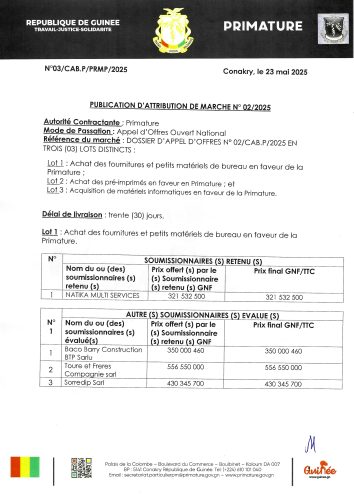 PUBLICATION D’ATTRIBUTION DE MARCHE N° 02/2025